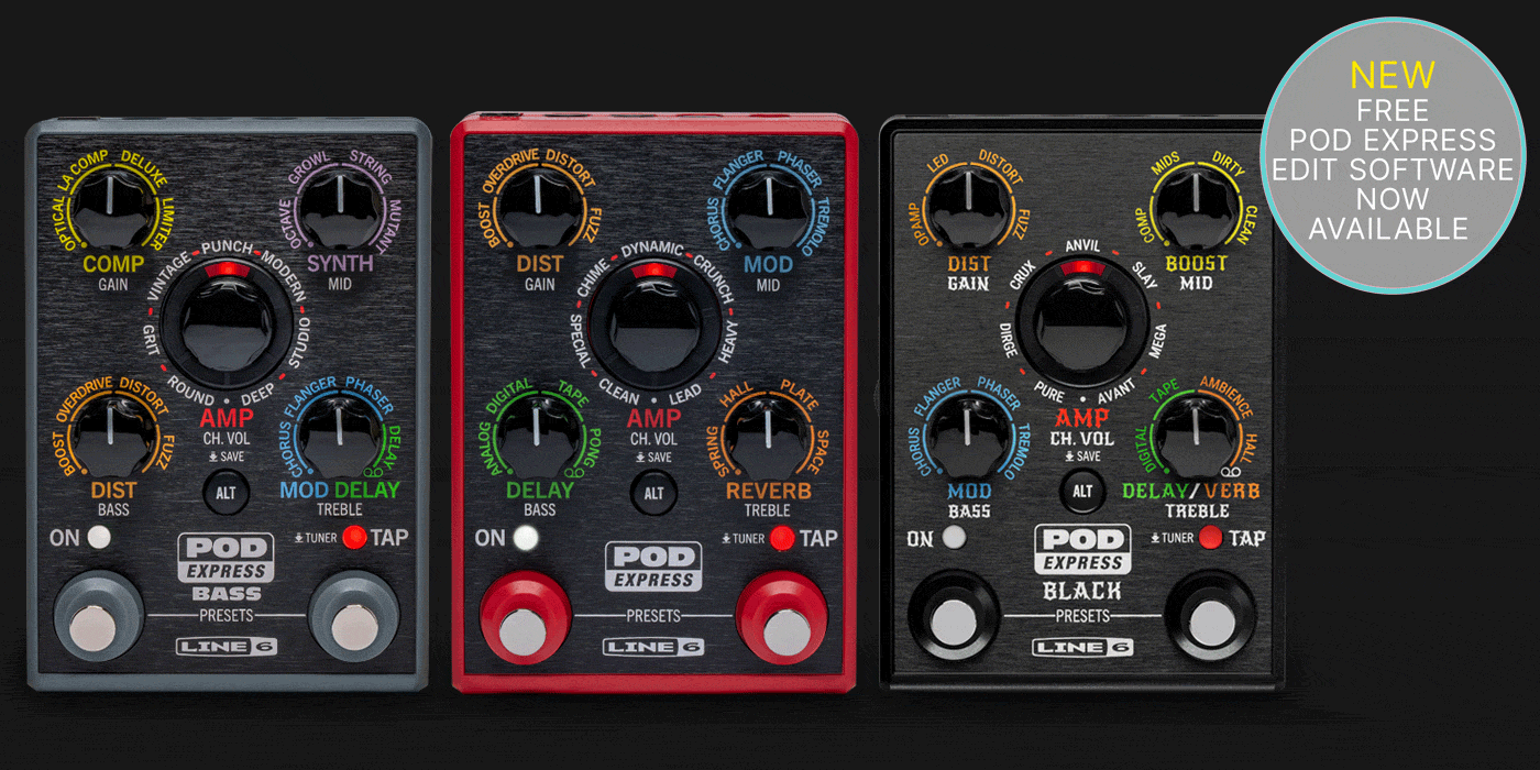 POD Express Guitar and POD Express Bass with spinning light around Amp Knob